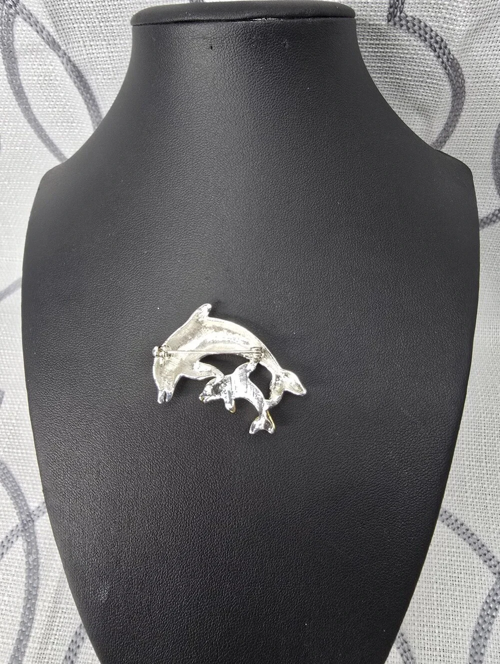 Dolphin Mama & Baby Rhinestone Eye Brooch Gold tone & Silver tone Pin